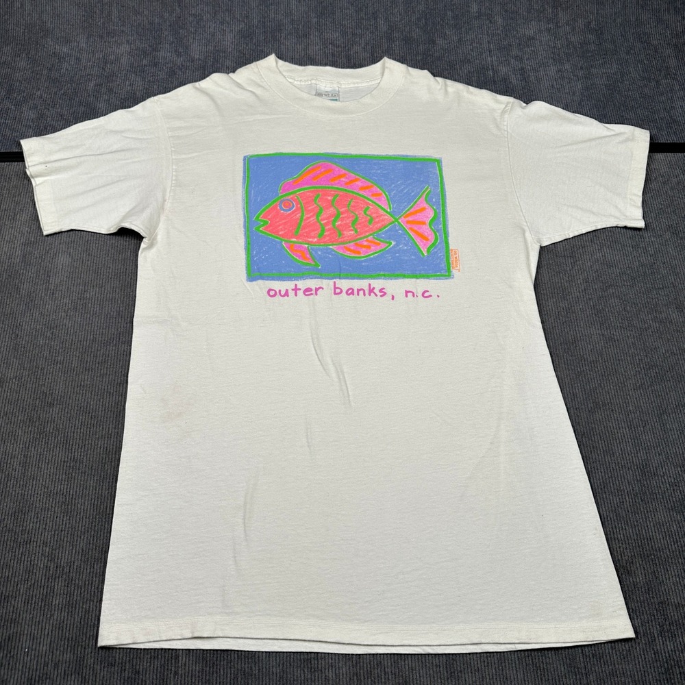 Vintage On White Outer Banks NC Fish Graphic T Shirt White XL 90s Souvenir